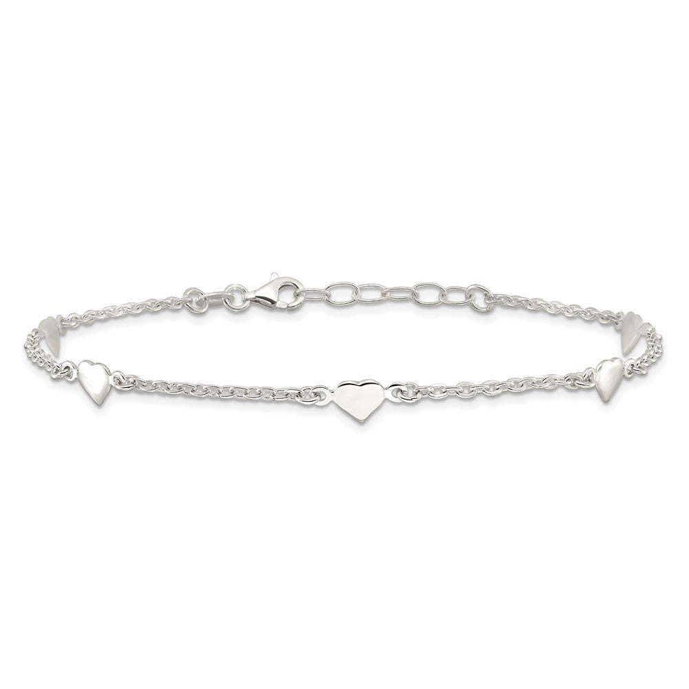 Sterling Silver Hearts 5-Station 9 inch Plus 1 inch Extender - Total 10 inch Anklet