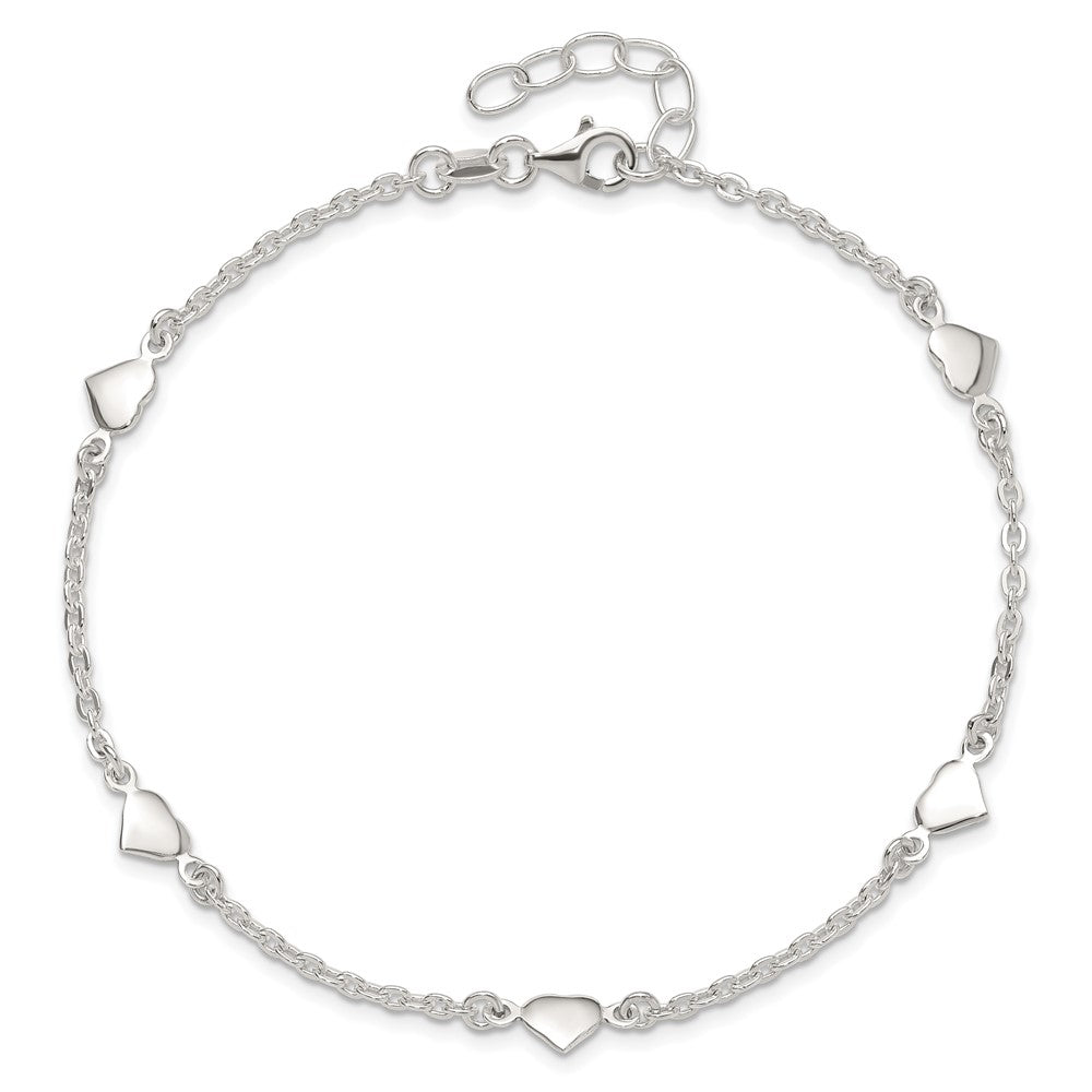 Sterling Silver Hearts 5-Station 9 inch Plus 1 inch Extender - Total 10 inch Anklet