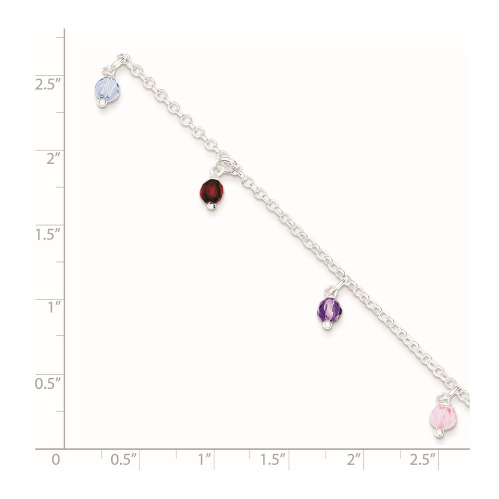 Sterling Silver Multi-colored Beads 9 inch Plus 1 inch Extender - Total 10 inch Anklet