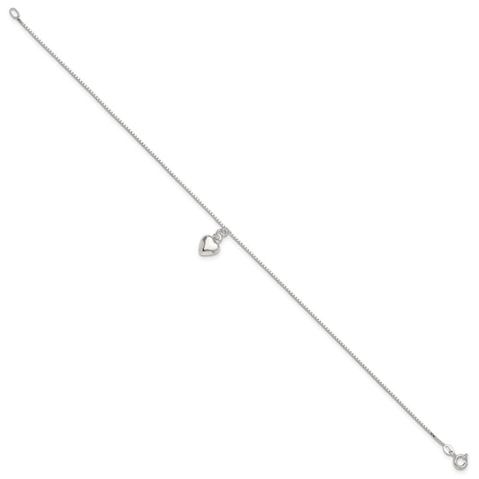 Sterling Silver 10inch Polished Puffed Heart Anklet