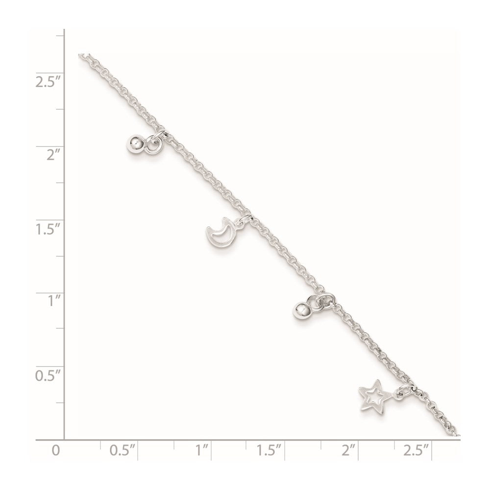 Sterling Silver Star and Moon 9 inch Plus 1 inch Extender - Total 10 inch Anklet