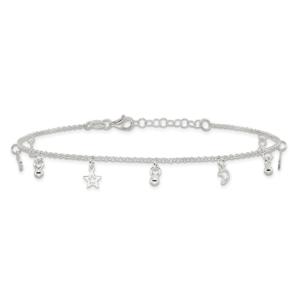 Sterling Silver Star and Moon 9 inch Plus 1 inch Extender - Total 10 inch Anklet