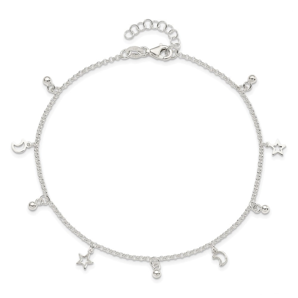 Sterling Silver Star and Moon 9 inch Plus 1 inch Extender - Total 10 inch Anklet