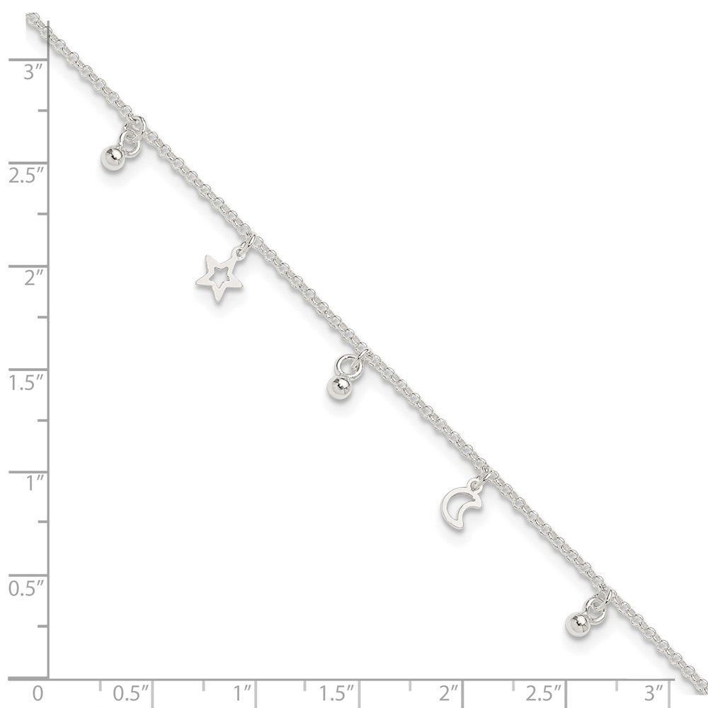 Sterling Silver Star and Moon 9 inch Plus 1 inch Extender - Total 10 inch Anklet