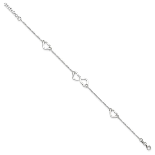 Sterling Silver Hearts 9 inch Plus 1 inch Extender - Total 10 inch Anklet