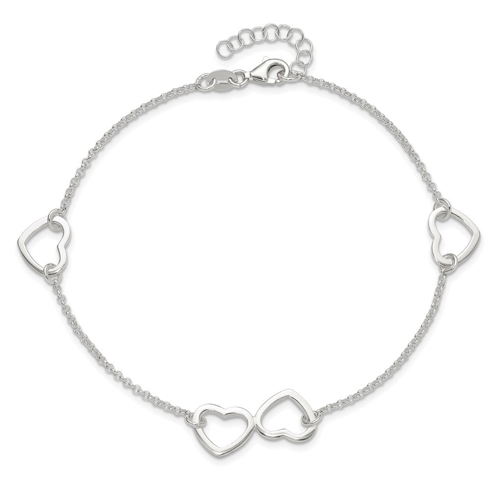 Sterling Silver Hearts 9 inch Plus 1 inch Extender - Total 10 inch Anklet