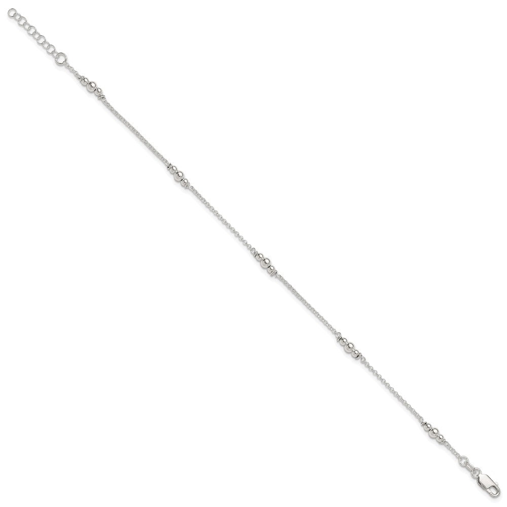 Sterling Silver Beaded 5-Station 9 inch Plus 1 inch Extender - Total 10 inch Anklet
