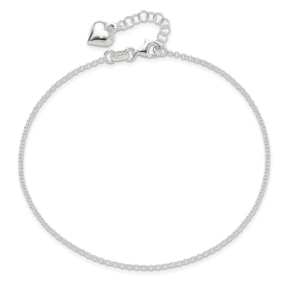Sterling Silver Puffed Heart Dangle 9 inch Plus 1 inch Extender - Total 10 inch Anklet