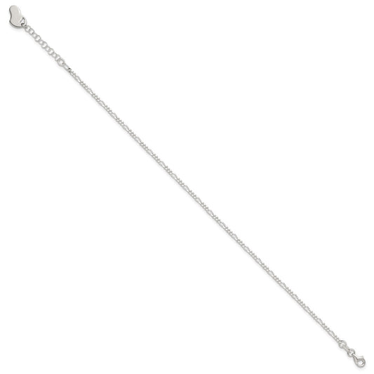 Sterling Silver Figaro with Heart Dangle 9 inch Plus 1 inch Extender - Total 10 inch Anklet