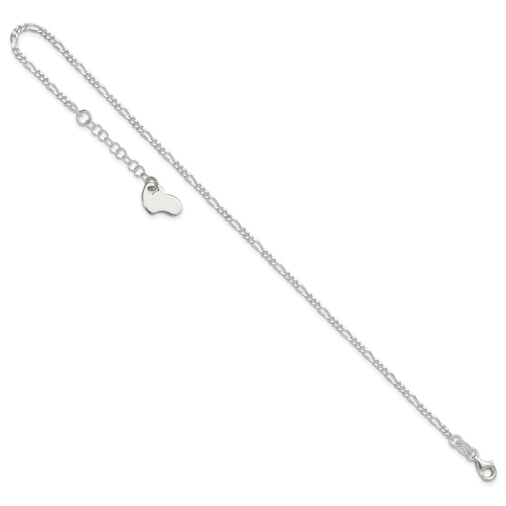 Sterling Silver Figaro with Heart Dangle 9 inch Plus 1 inch Extender - Total 10 inch Anklet