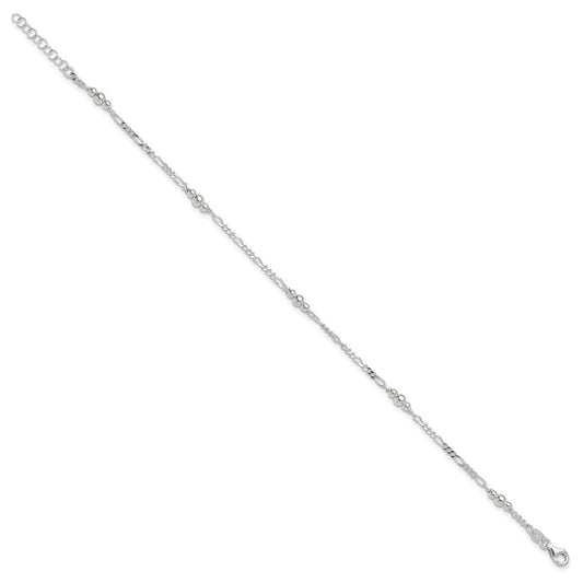 Sterling Silver Beaded Figaro 5-Station 9 inch Plus 1 inch Extender - Total 10 inch Anklet