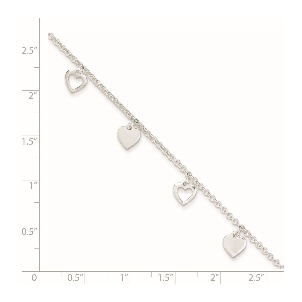 Sterling Silver Heart Charms 9 inch Plus 1 inch Extender - Total 10 inch Anklet