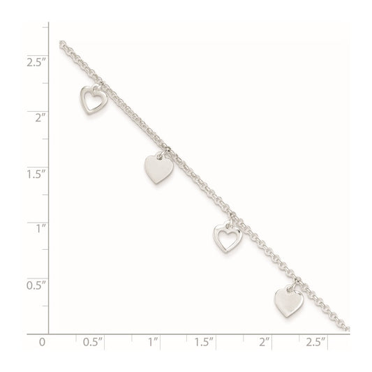 Sterling Silver Heart Charms 9 inch Plus 1 inch Extender - Total 10 inch Anklet