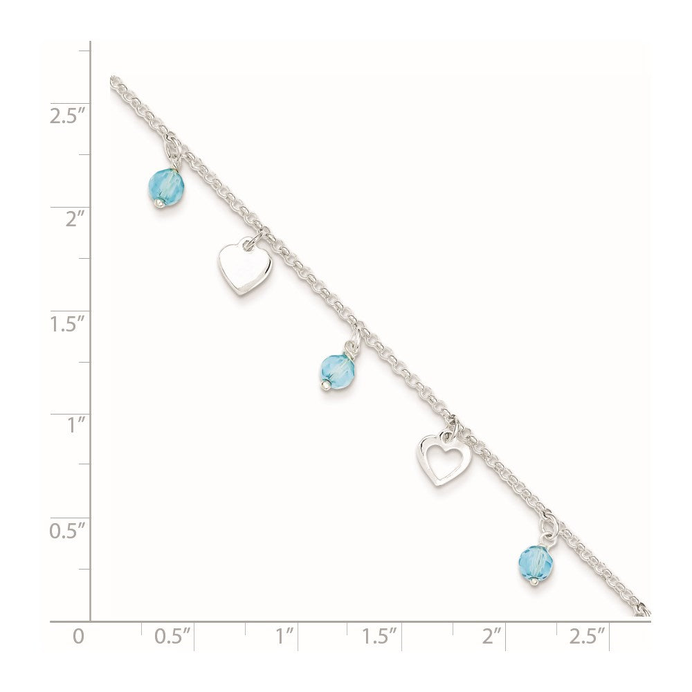 Sterling Silver Blue Glass Beads and Hearts 9 inch Plus 1 inch Extender - Total 10 inch Anklet