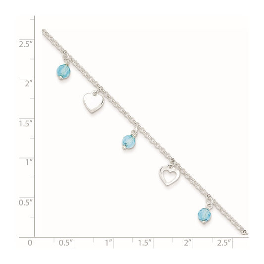 Sterling Silver Blue Glass Beads and Hearts 9 inch Plus 1 inch Extender - Total 10 inch Anklet