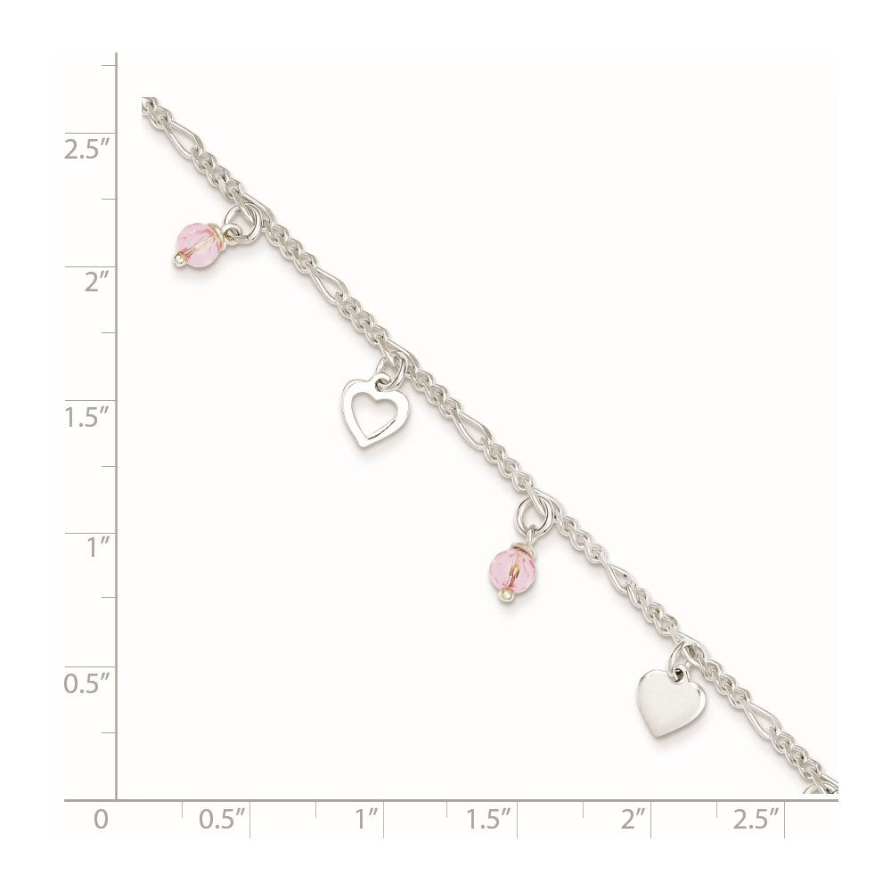 Sterling Silver Pink Glass Beads and Hearts 9 inch Plus 1 inch Extender - Total 10 inch Anklet