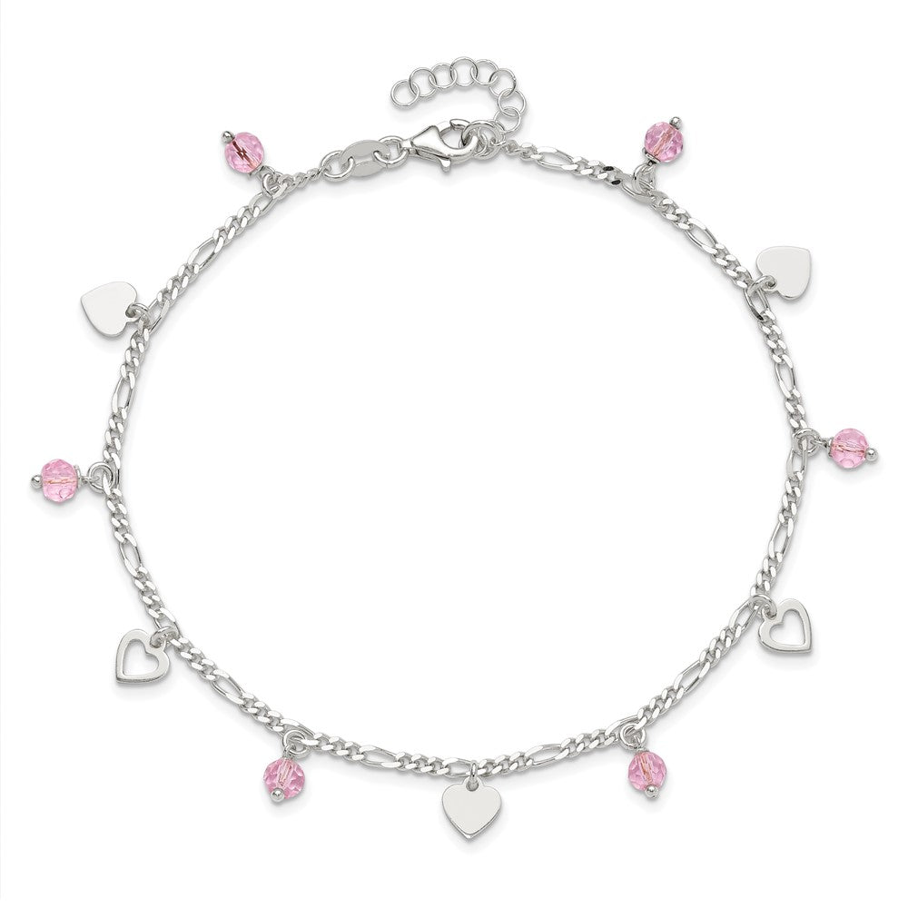 Sterling Silver Pink Glass Beads and Hearts 9 inch Plus 1 inch Extender - Total 10 inch Anklet