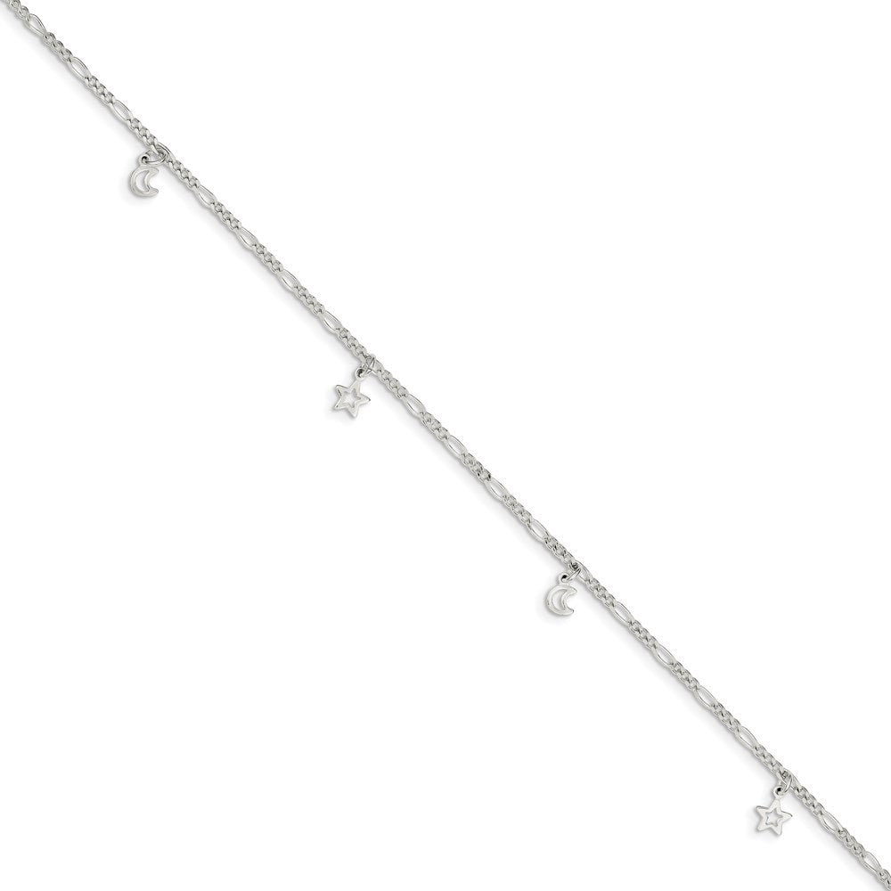 Sterling Silver Star and Moon 9 inch Plus 1 inch Extender - Total 10 inch Anklet