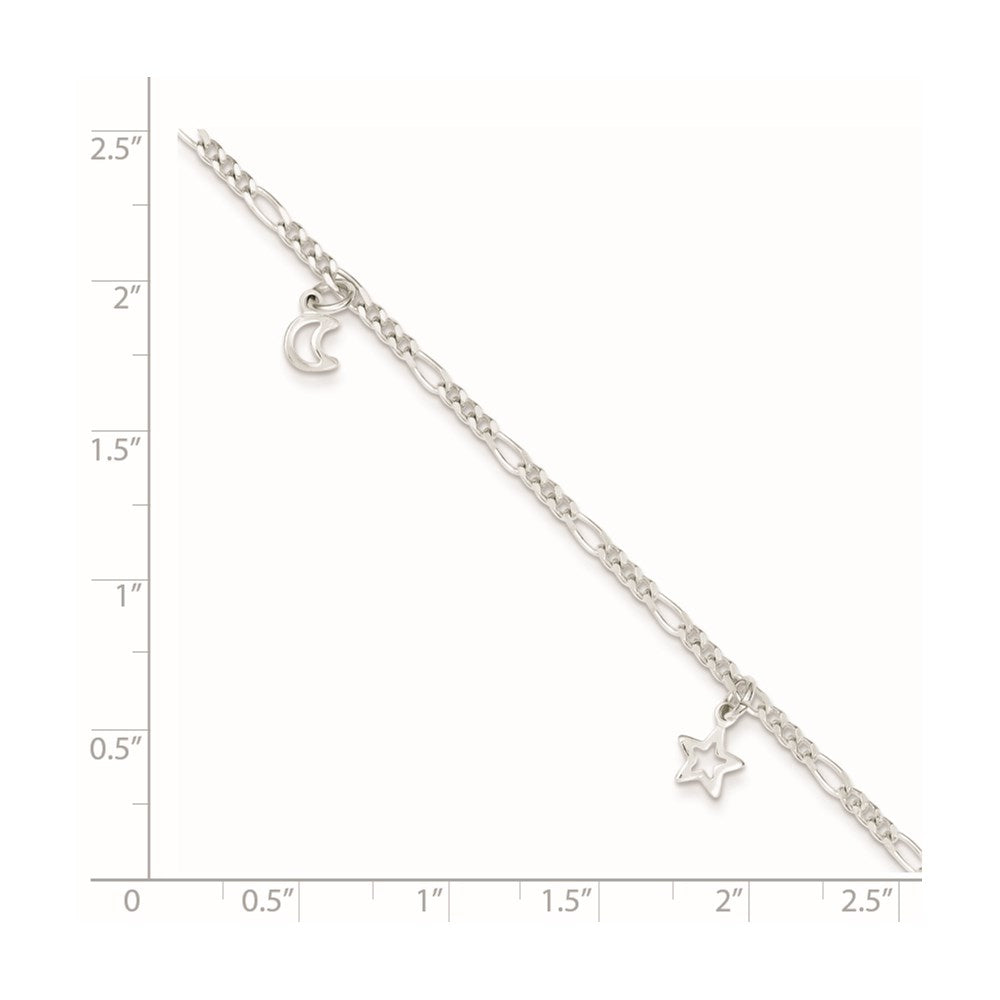 Sterling Silver Star and Moon 9 inch Plus 1 inch Extender - Total 10 inch Anklet