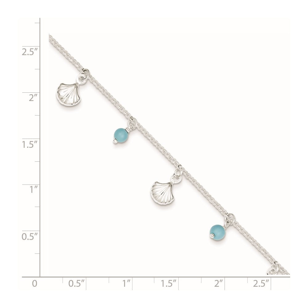 Sterling Silver Shells and Aqua Beads 9 inch Plus 1 inch Extender - Total 10 inch Anklet