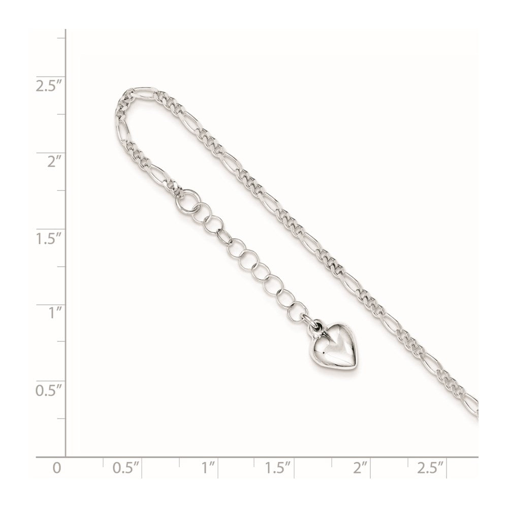 Sterling Silver Figaro with Puffed Heart Dangle 9 inch Plus 1 inch Extender - Total 10 inch Anklet