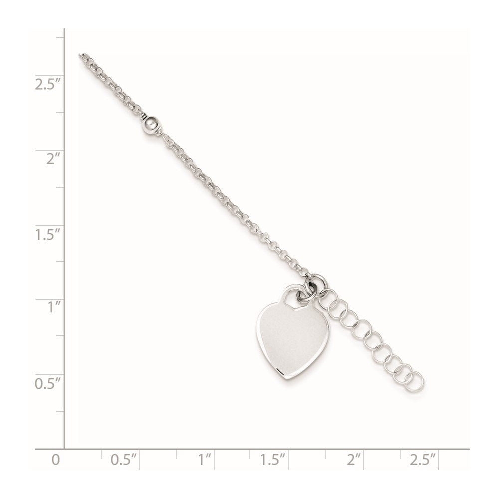 Sterling Silver Engravable Heart with Beads 9 inch Plus 1 inch Extender - Total 10 inch Anklet