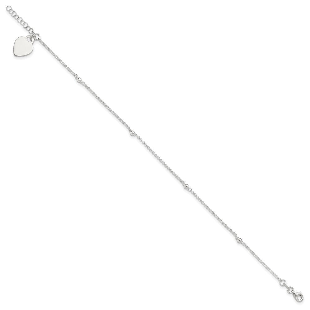Sterling Silver Engravable Heart with Beads 9 inch Plus 1 inch Extender - Total 10 inch Anklet
