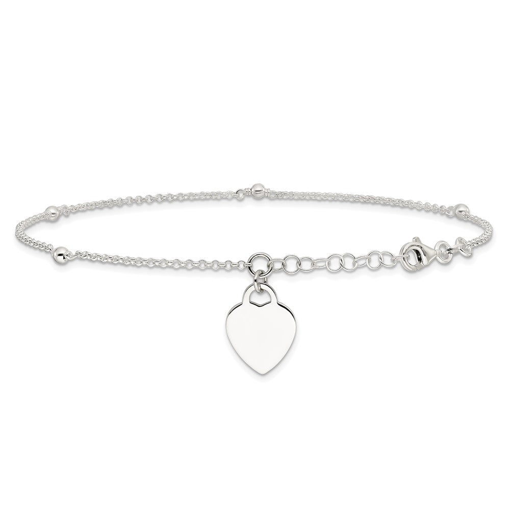 Sterling Silver Engravable Heart with Beads 9 inch Plus 1 inch Extender - Total 10 inch Anklet