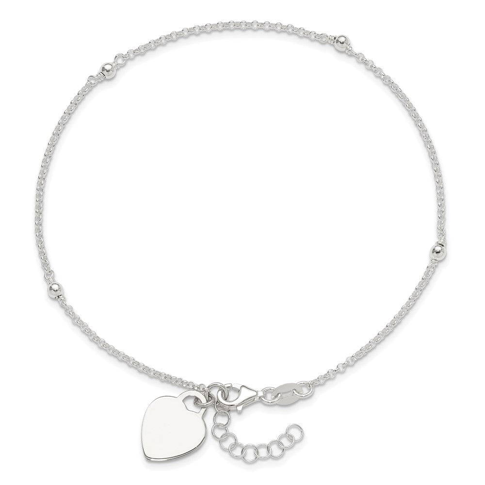 Sterling Silver Engravable Heart with Beads 9 inch Plus 1 inch Extender - Total 10 inch Anklet
