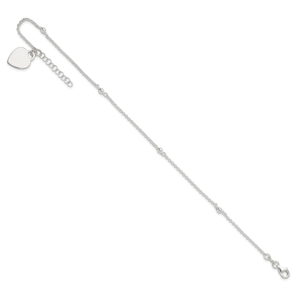 Sterling Silver Engravable Heart with Beads 9 inch Plus 1 inch Extender - Total 10 inch Anklet