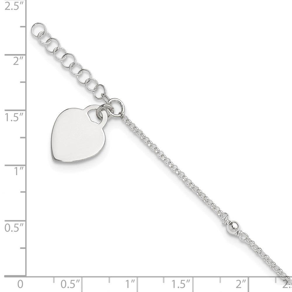 Sterling Silver Engravable Heart with Beads 9 inch Plus 1 inch Extender - Total 10 inch Anklet