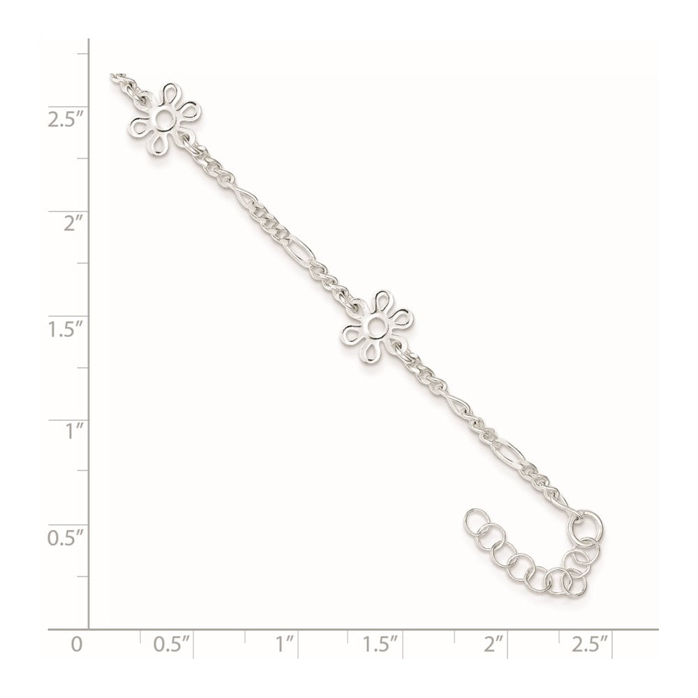 Sterling Silver Figaro Chain/Flowers 5-Station 9 inch Plus 1 inch Extender - Total 10 inch Anklet