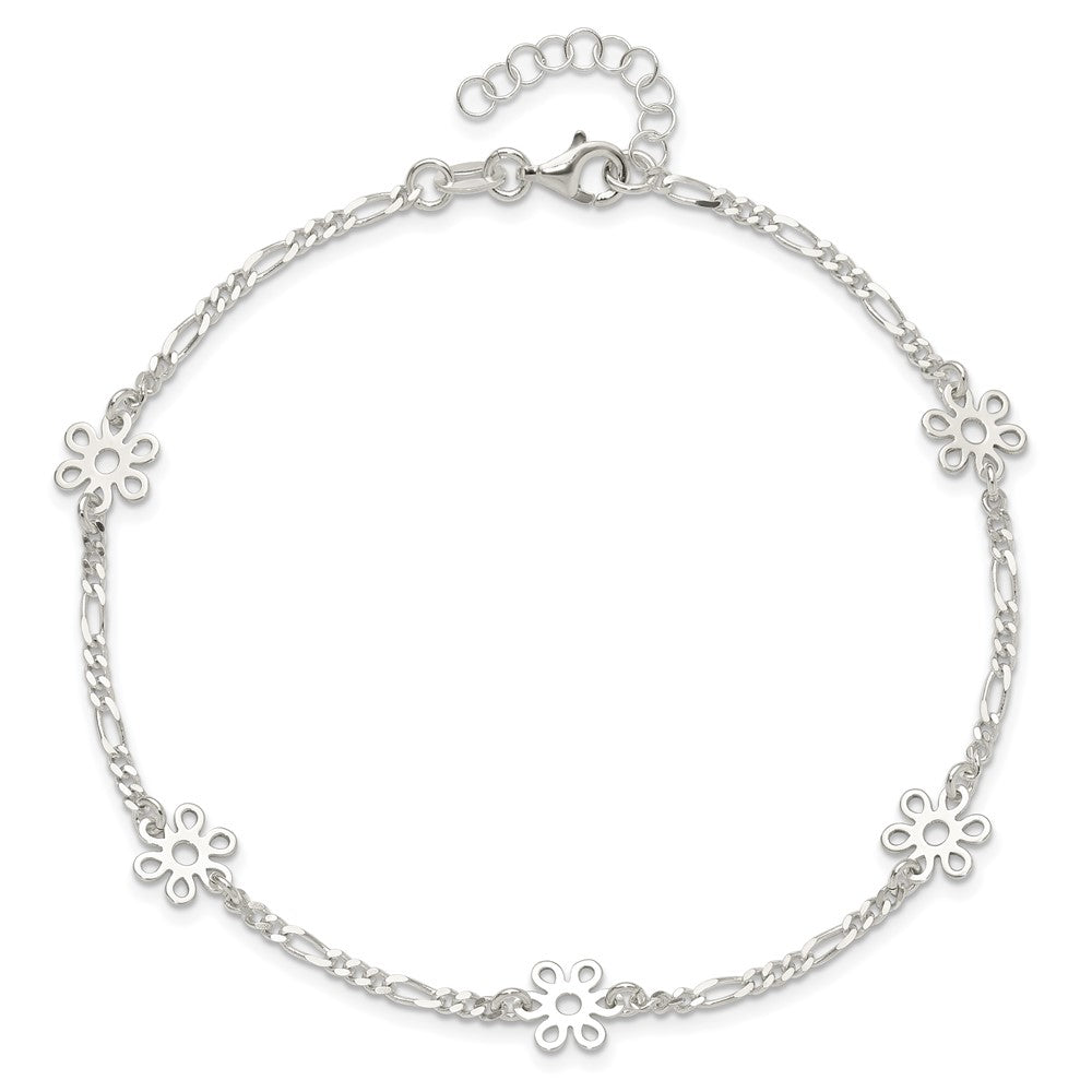 Sterling Silver Figaro Chain/Flowers 5-Station 9 inch Plus 1 inch Extender - Total 10 inch Anklet