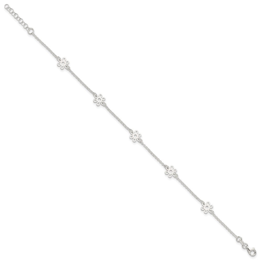 Sterling Silver Cable Chain/Flowers 5-Station 10 inch Plus 1 inch Extender - Total 11 inch Anklet
