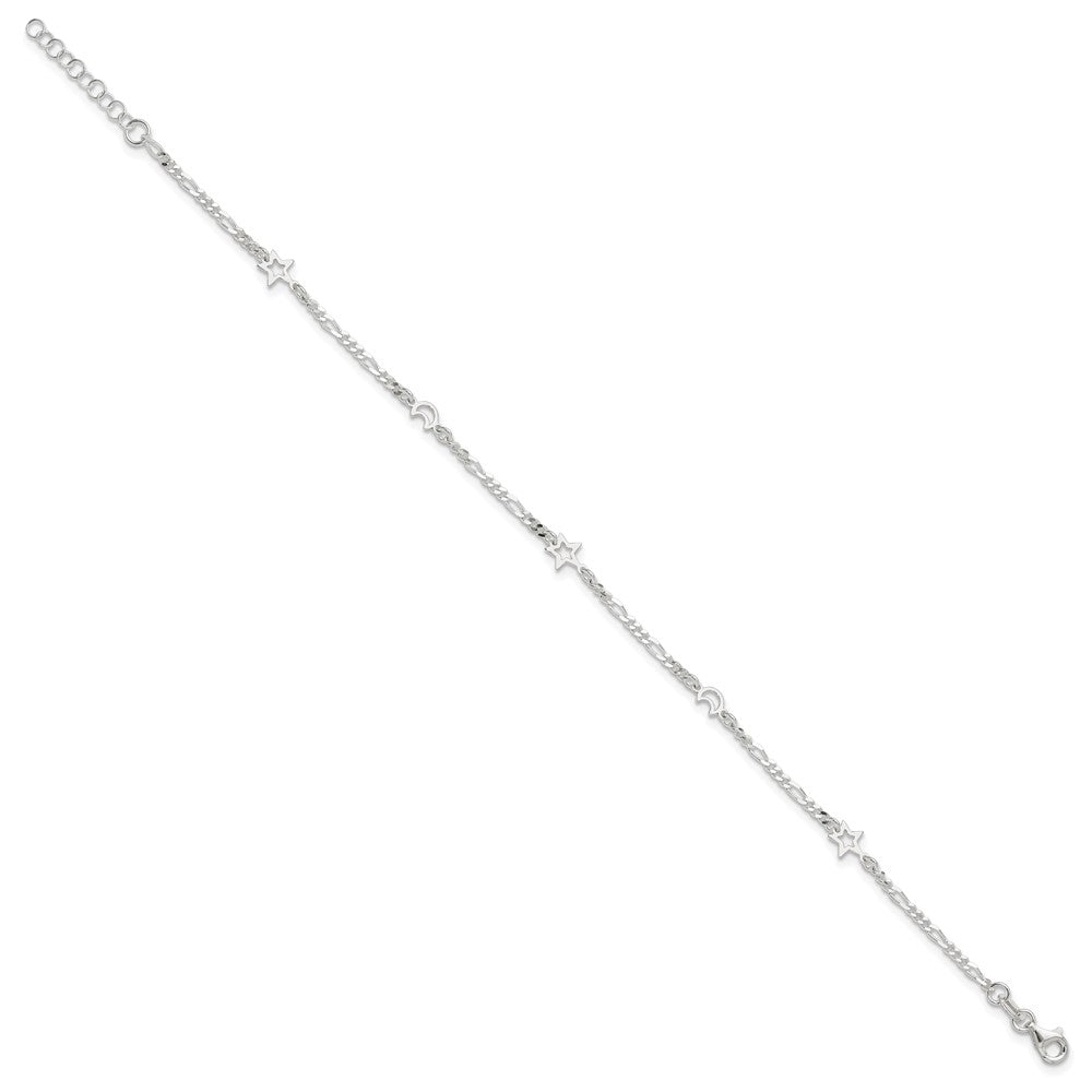 Sterling Silver Moon and Star 9 inch Plus 1 inch Extender - Total 10 inch Anklet