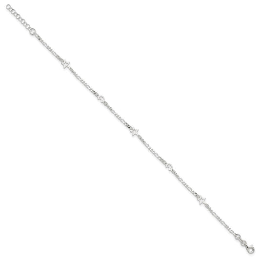 Sterling Silver Moon and Star 9 inch Plus 1 inch Extender - Total 10 inch Anklet