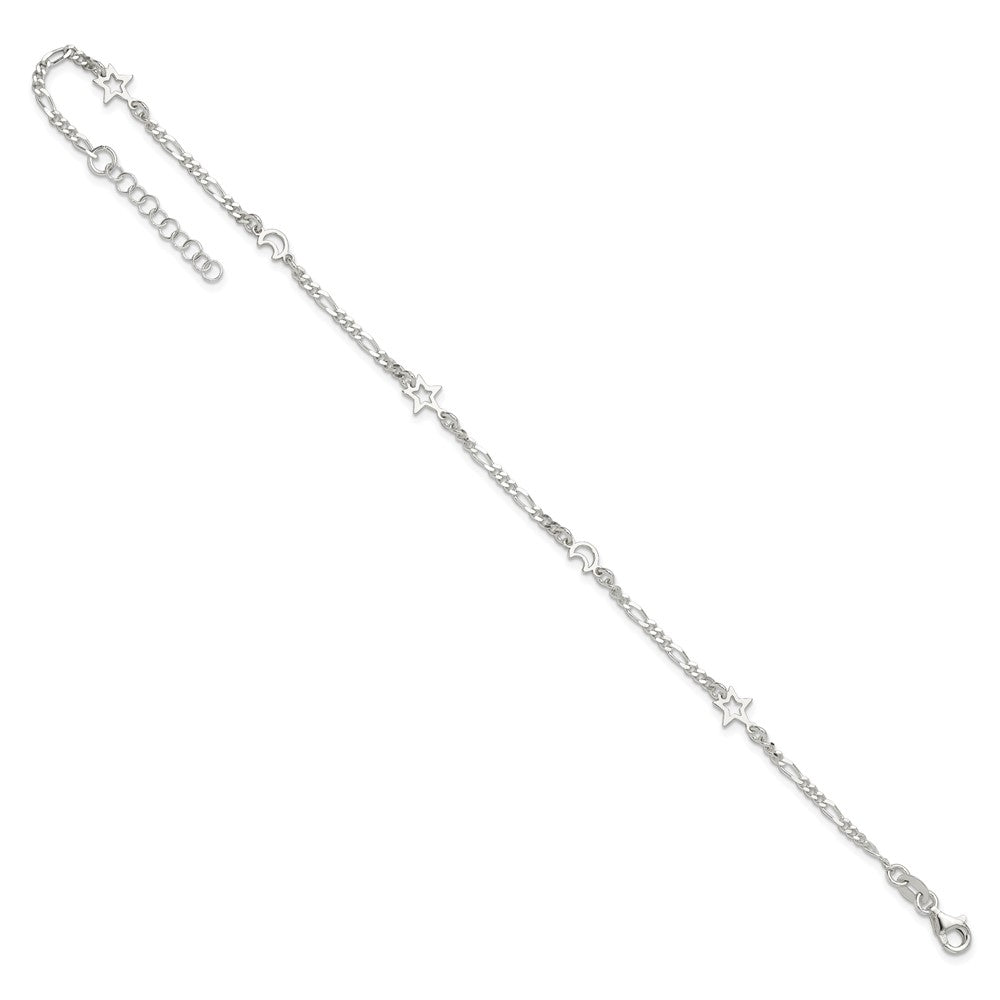 Sterling Silver Moon and Star 9 inch Plus 1 inch Extender - Total 10 inch Anklet