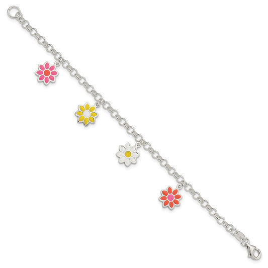 Sterling Silver Polished Multi-color Enamel Flowers Children's Bracelet