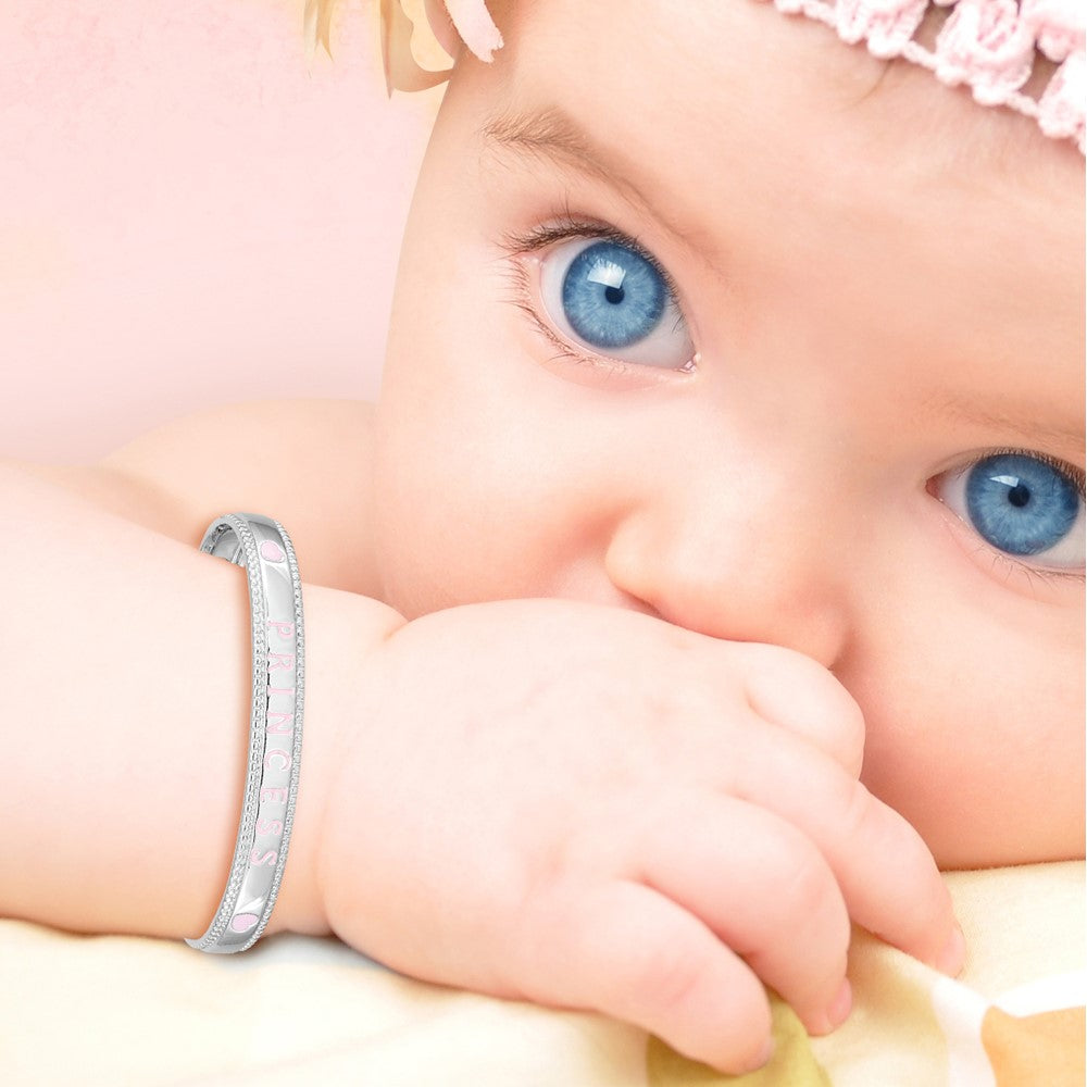 Sterling Silver Rhodium-plated Polished & Beaded Multi-color Enameled Flowers & Hearts PRINCESS with Chain Baby Bangle