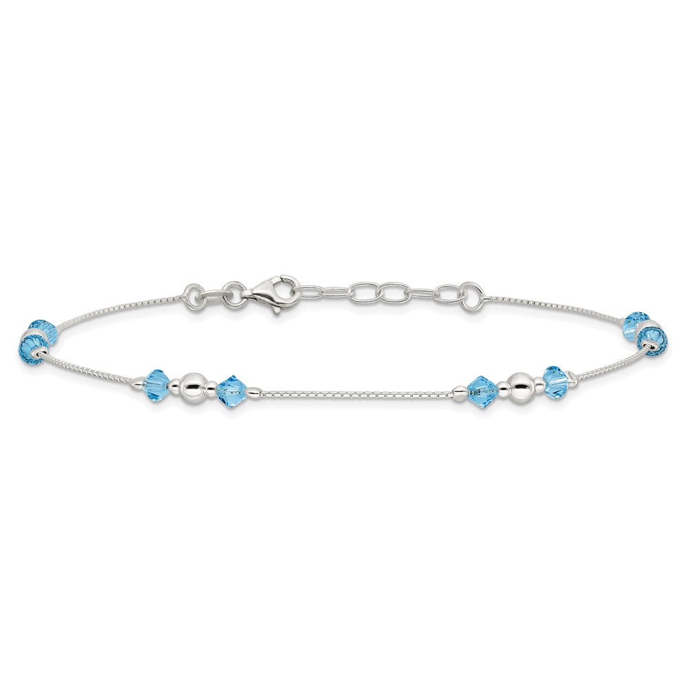 Sterling Silver Bead and Blue CZ 9 inch Plus 1 inch Extender - Total 10 inch Anklet