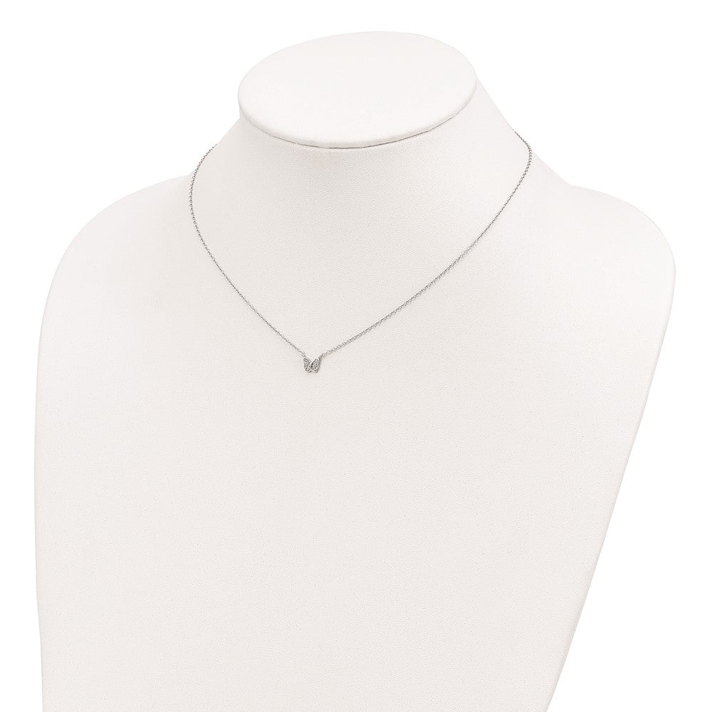 Sterling Silver Rhodium-plated Polished CZ Butterfly 16 Inch Necklace with 2 Inch extension