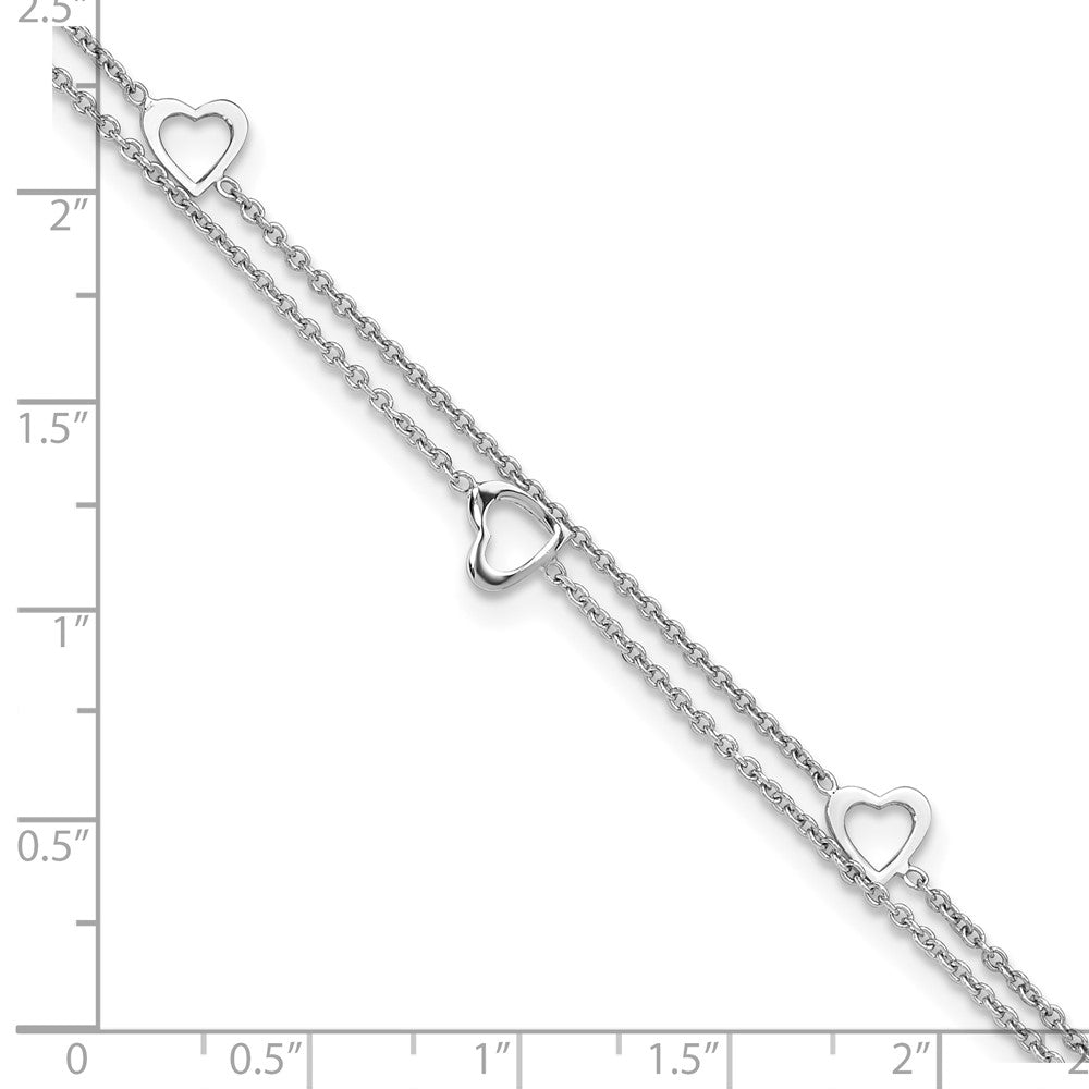 Sterling Silver Rhodium-plated Heart 2-Strand 9 inch Plus 1 inch Extender - Total 10 inch Anklet