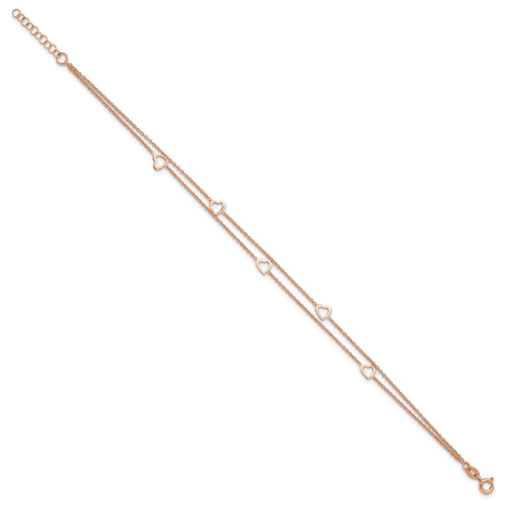 Sterling Silver Rose-tone Heart 2-Strand 9 inch Plus 1 inch Extender - Total 10 inch Anklet