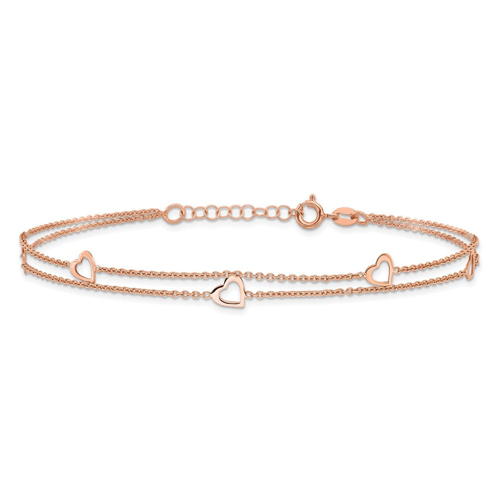 Sterling Silver Rose-tone Heart 2-Strand 9 inch Plus 1 inch Extender - Total 10 inch Anklet