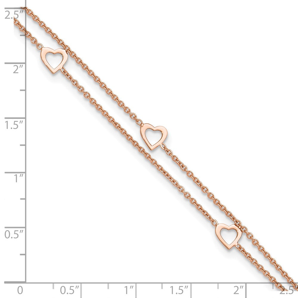 Sterling Silver Rose-tone Heart 2-Strand 9 inch Plus 1 inch Extender - Total 10 inch Anklet