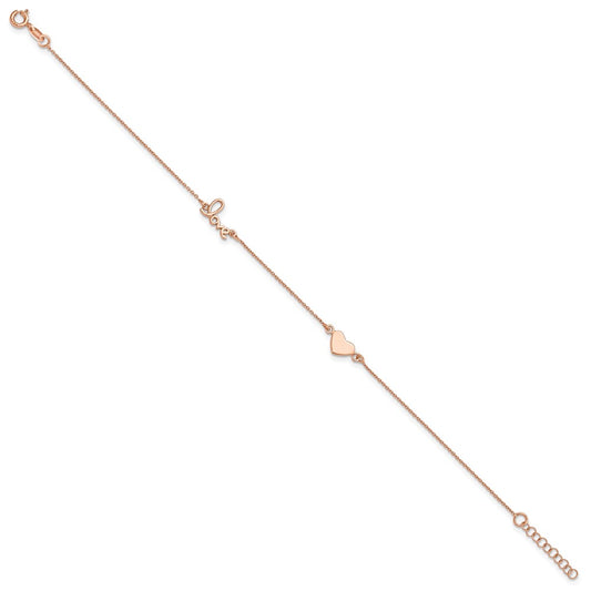 Sterling Silver Rose-tone Heart/LOVE Script 9 inch Plus 1 inch Extender - Total 10 inch Anklet