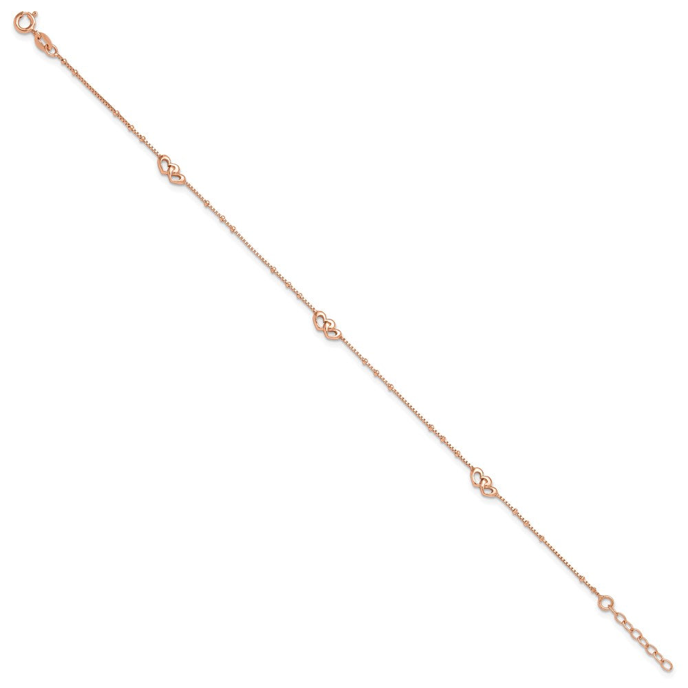 Sterling Silver Rose-tone Interlocked Hearts 9 inch Plus 1 inch Extender - Total 10 inch Anklet