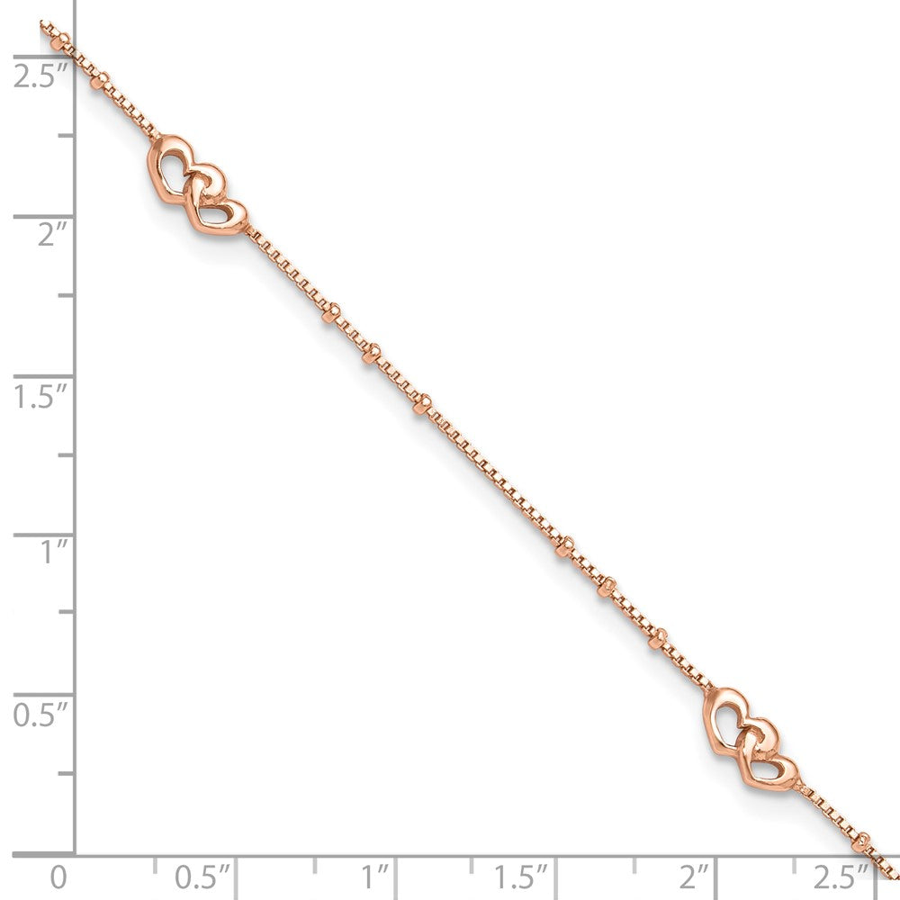 Sterling Silver Rose-tone Interlocked Hearts 9 inch Plus 1 inch Extender - Total 10 inch Anklet