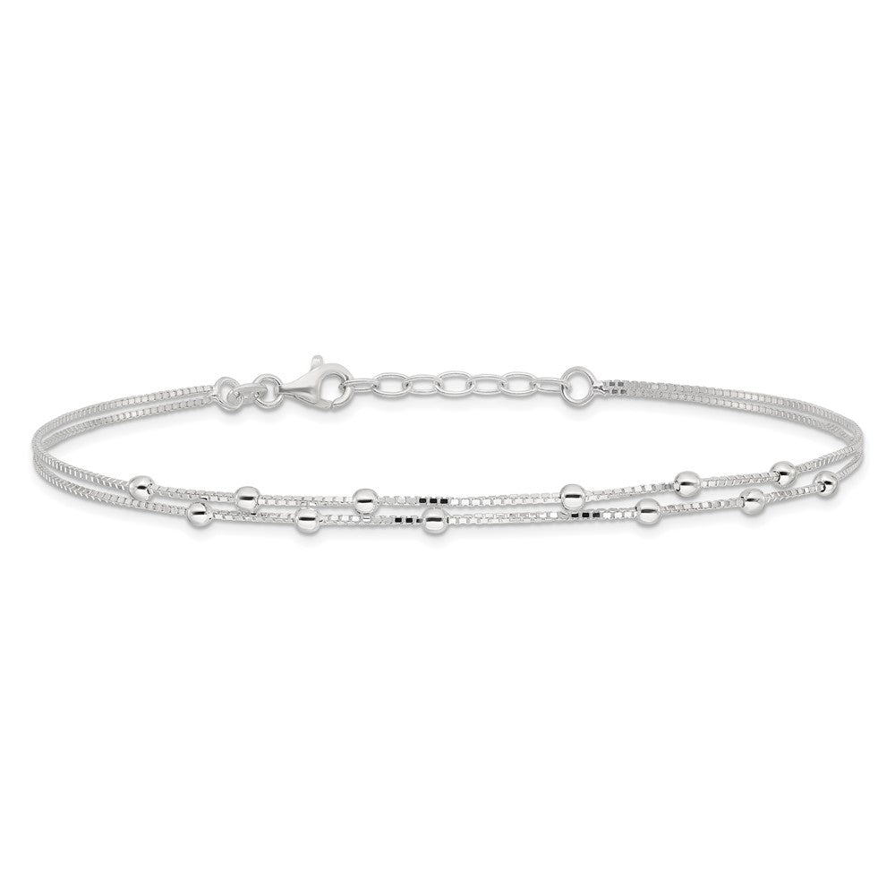 Sterling Silver Beaded 2-strand 10 inch Plus 1 inch Extender - Total 11 inch Anklet