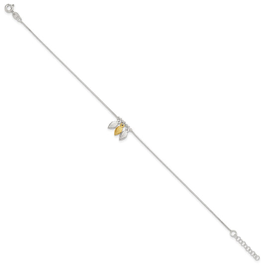 Sterling Silver Gold-tone Feathers 9 inch Plus 1 inch Extender - Total 10 inch Anklet